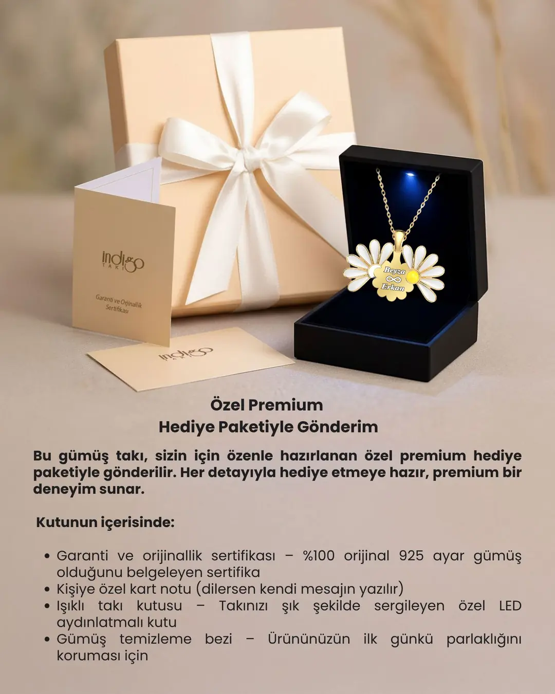 İsimli Açılan Papatya Premium Hediye Kutulu Gümüş Kolye