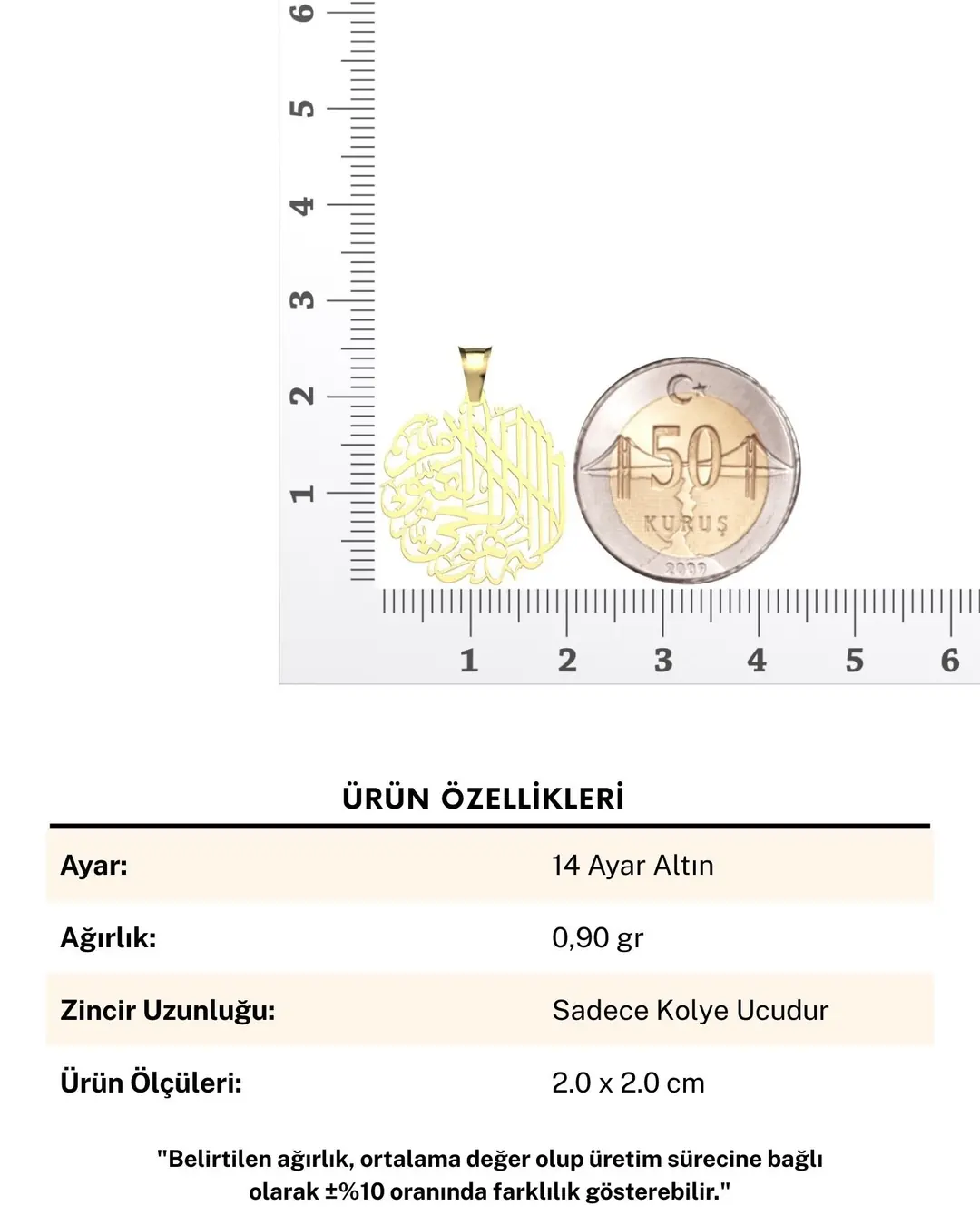 Yuvarlak Ayetel Kürsi Hat Sanatı 14 Ayar Altın Kolye Ucu